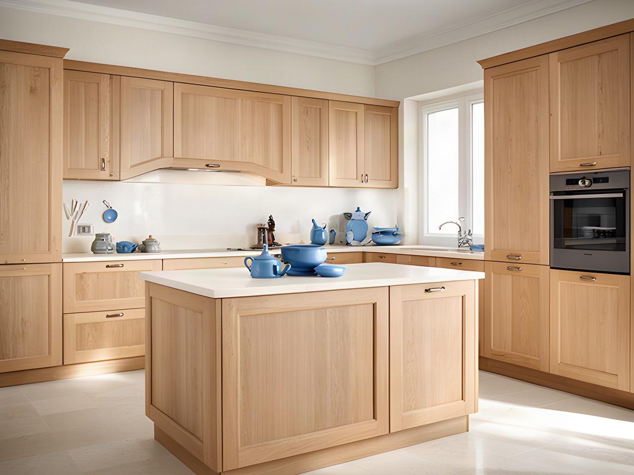 Cucina italiana su misura con isola centrale, ante in legno e luce naturale