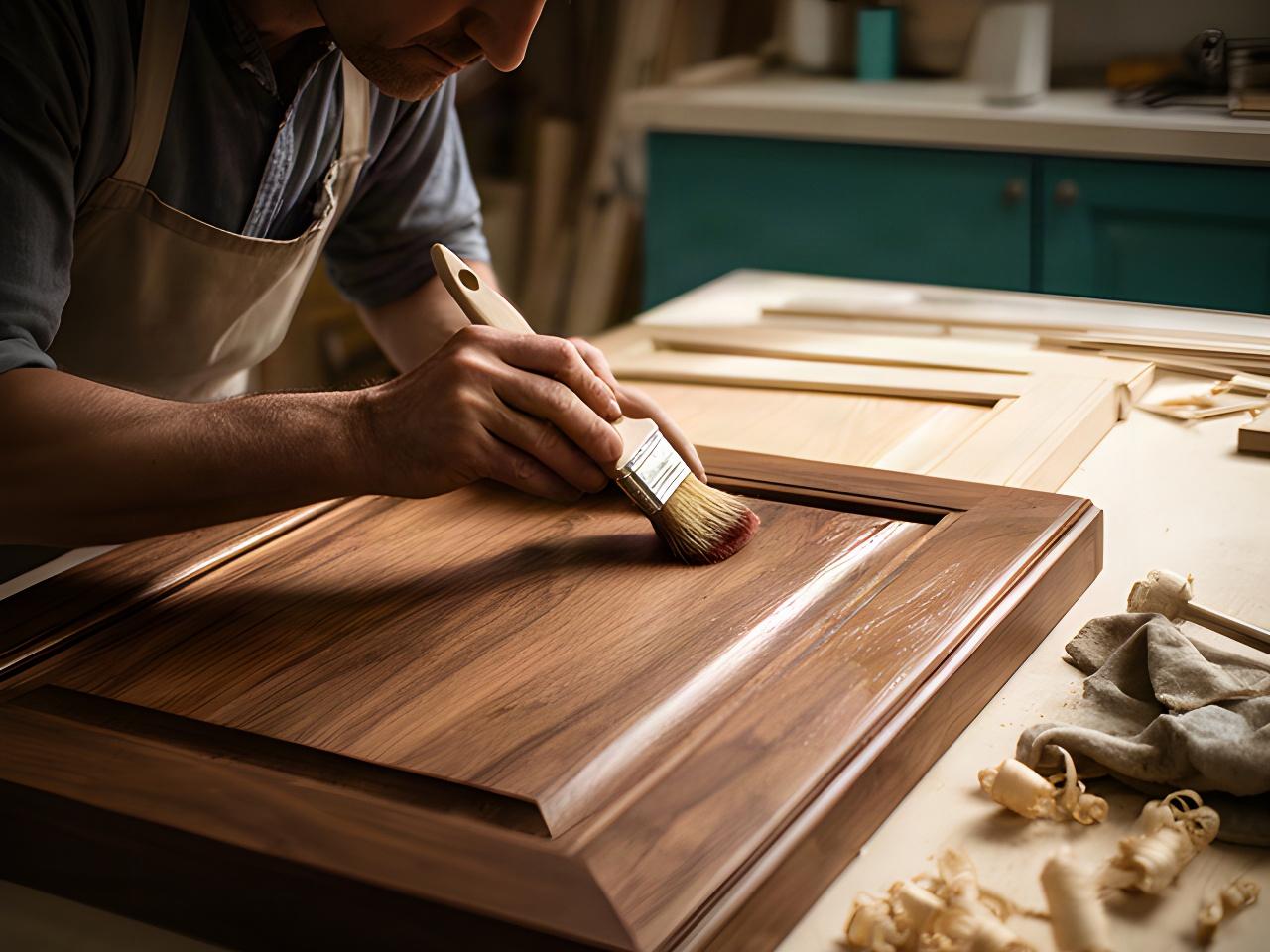 Artigiano italiano mentre rifinisce a mano un mobile cucina in legno nel laboratorio
