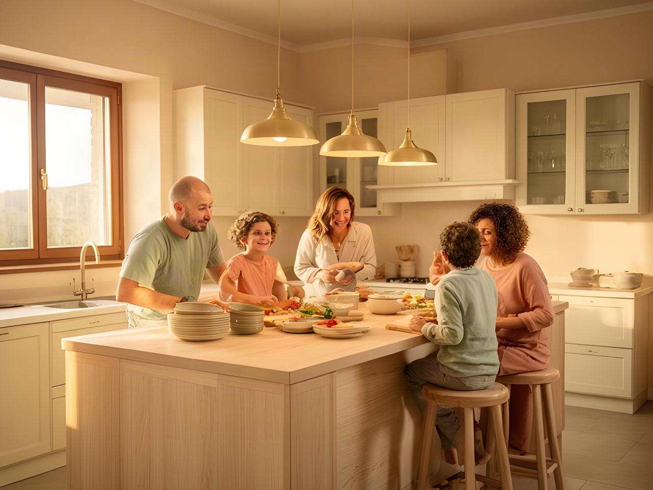 Famiglia riunita attorno a una cucina italiana in legno chiaro installata in una casa di Bergamo