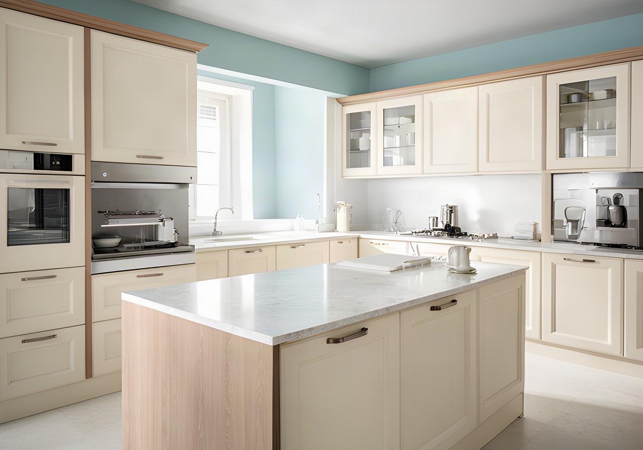 Cucina italiana su misura con isola in quarzo, ante color crema e luce naturale in un ambiente contemporaneo