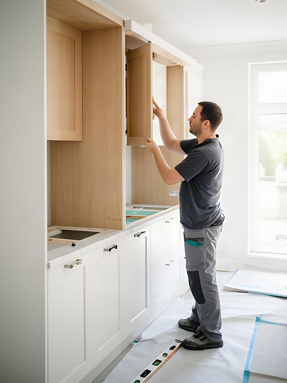 Tecnico che installa una cucina su misura in una casa luminosa con mobili italiani