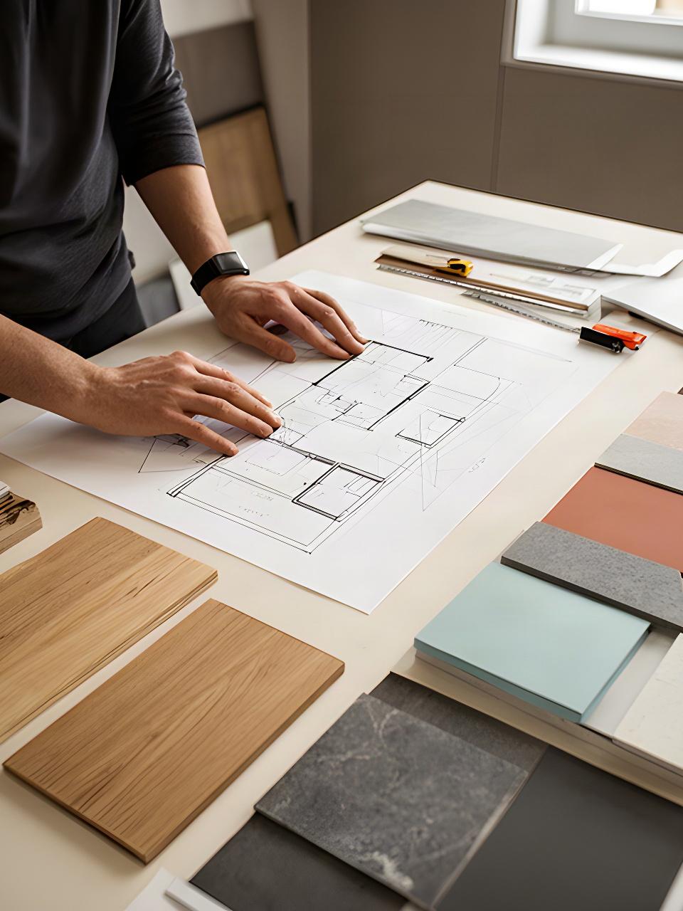 Progettista al lavoro su un disegno di cucina con campioni di legno e pietra
