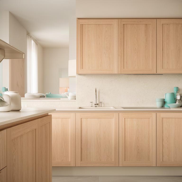 Dettaglio di una cucina italiana su misura con ante in legno e piano di lavoro chiaro
