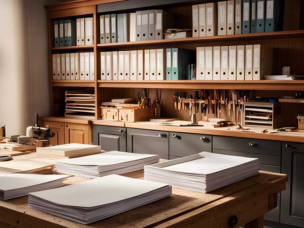 Archivio ordinato e banco di lavoro in un laboratorio italiano di produzione di mobili per cucina
