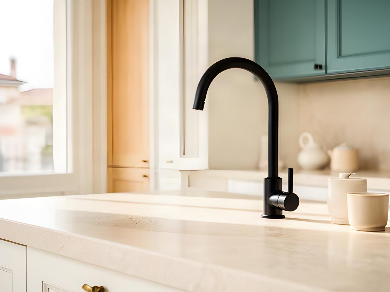 Dettaglio di una cucina luminosa con piano in pietra, rubinetto nero e mobili italiani