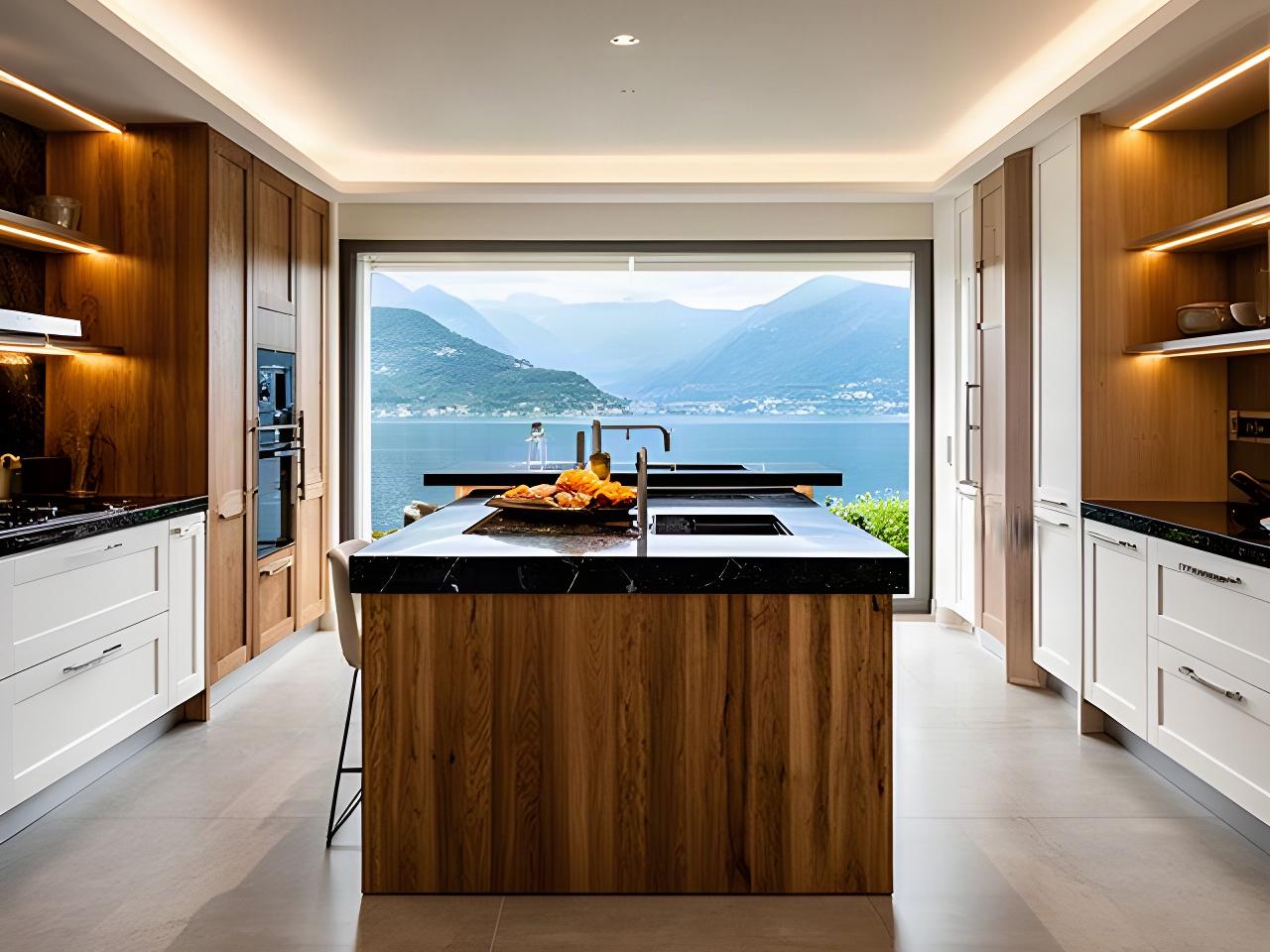 Cucina di villa sul Lago d Iseo con isola centrale, snack bar in rovere termotrattato e top in granito nero