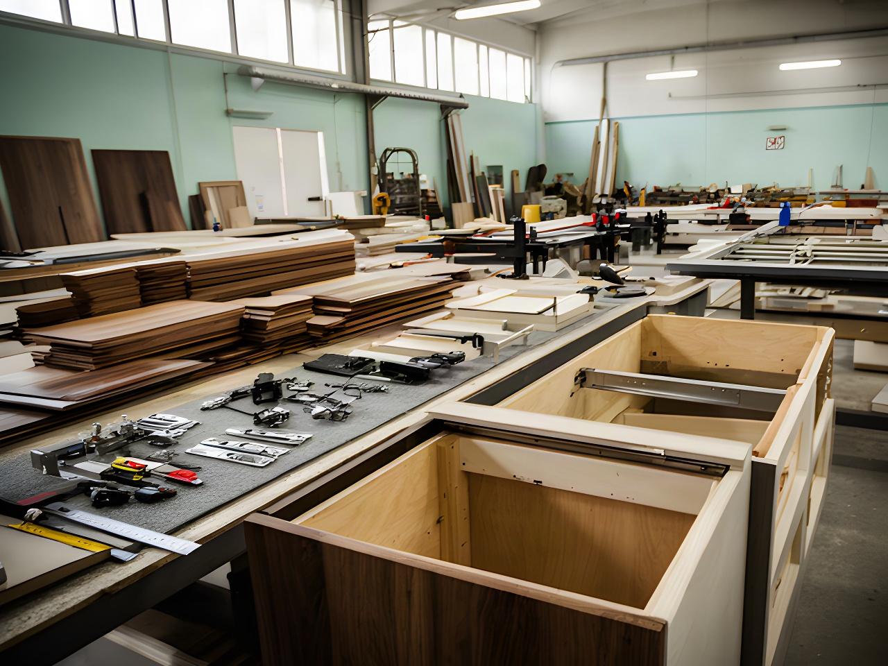 Laboratorio italiano di produzione cucine con pannelli in legno, ferramenta e area di assemblaggio