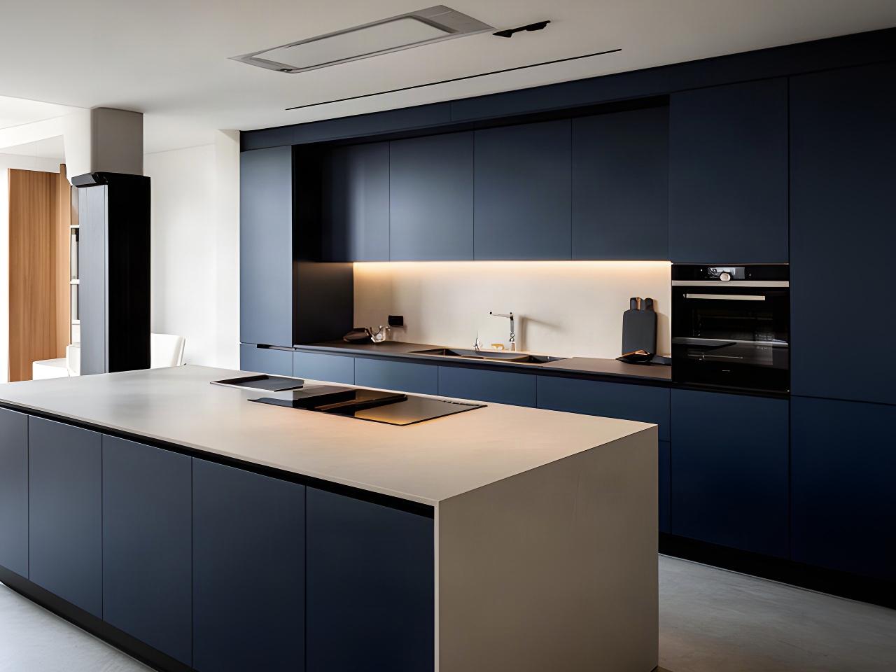 Dettaglio di una cucina moderna con ante blu notte, gola integrata e grande isola in gres porcellanato