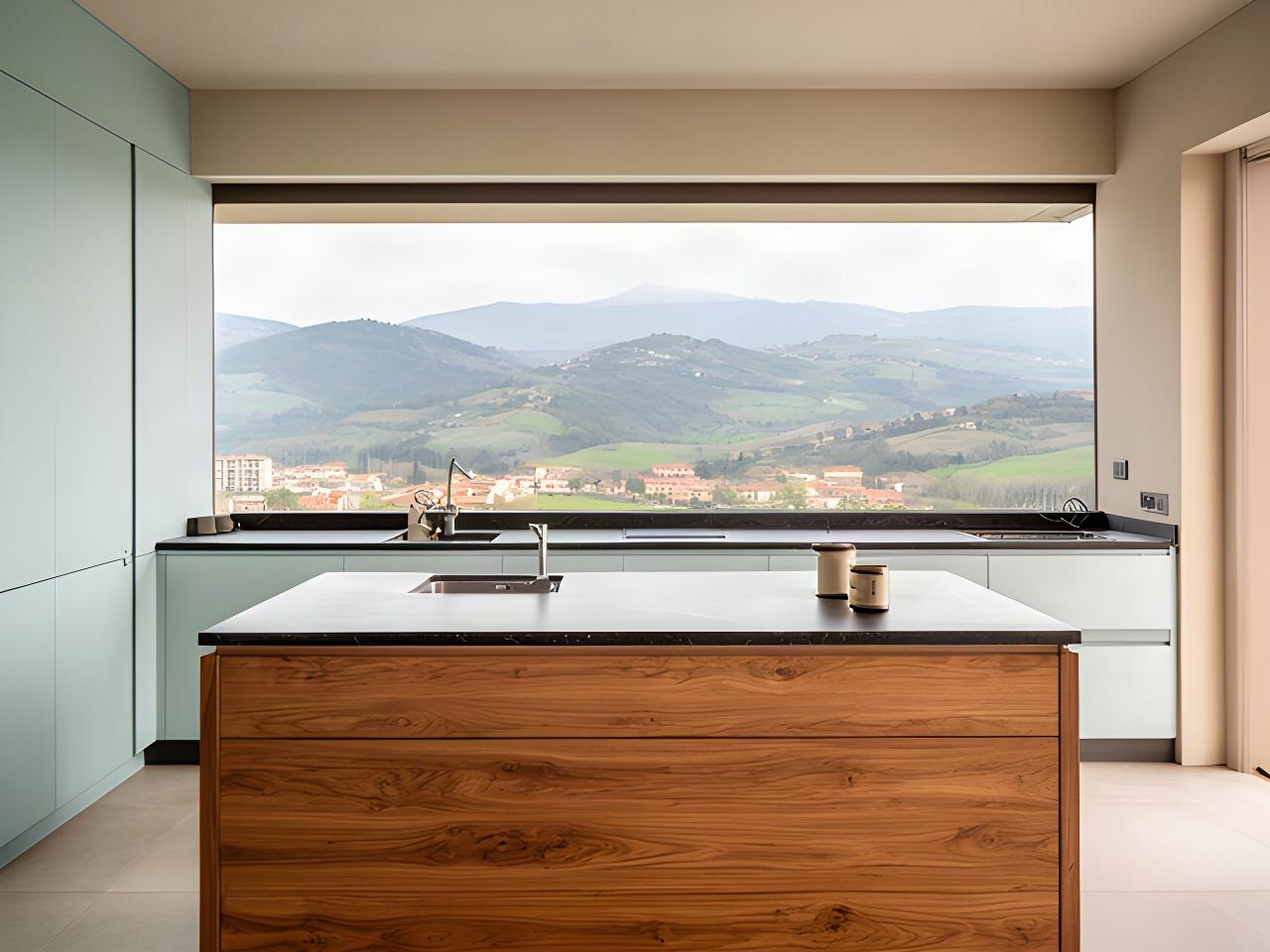 Cucina italiana contemporanea con grande isola in rovere e piano scuro, affacciata sulle colline bergamasche