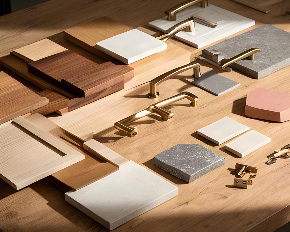 Campioni di legno, maniglie e finiture disposti su un tavolo per progettare una cucina italiana