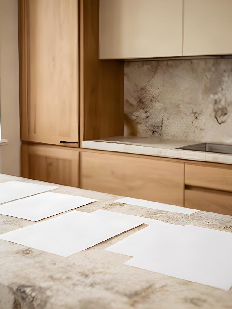 Dettaglio di una cucina italiana in legno e pietra, con documenti ordinati su un piano di lavoro luminoso