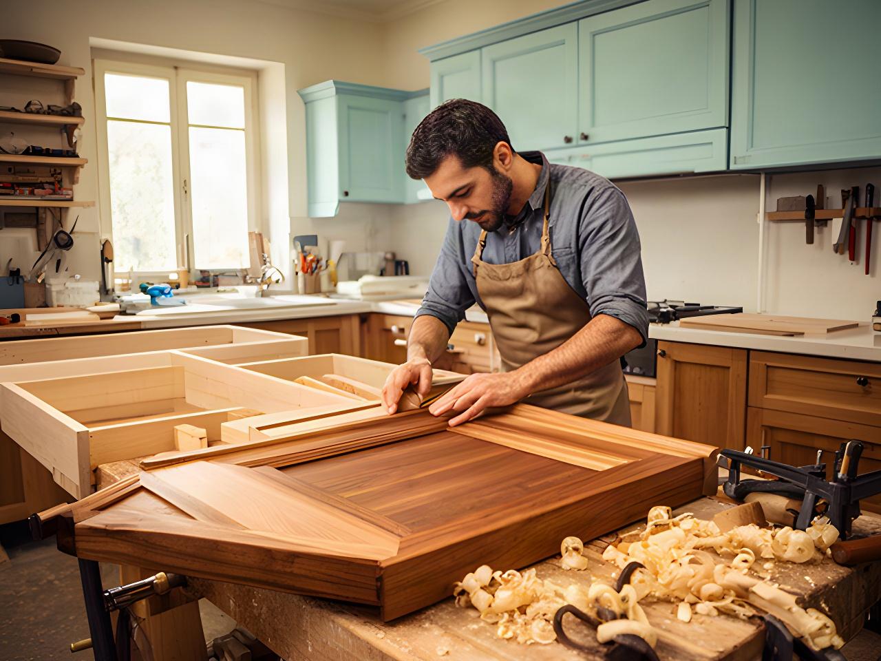 Artigiano al lavoro su una cucina italiana in legno nel laboratorio di Castelli Calepio