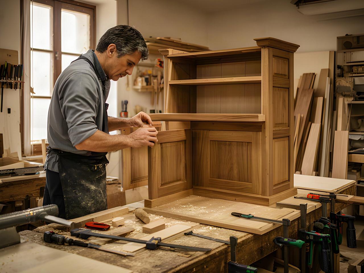 Artigiano al lavoro nel laboratorio di falegnameria di Castelli Calepio su un mobile cucina in legno