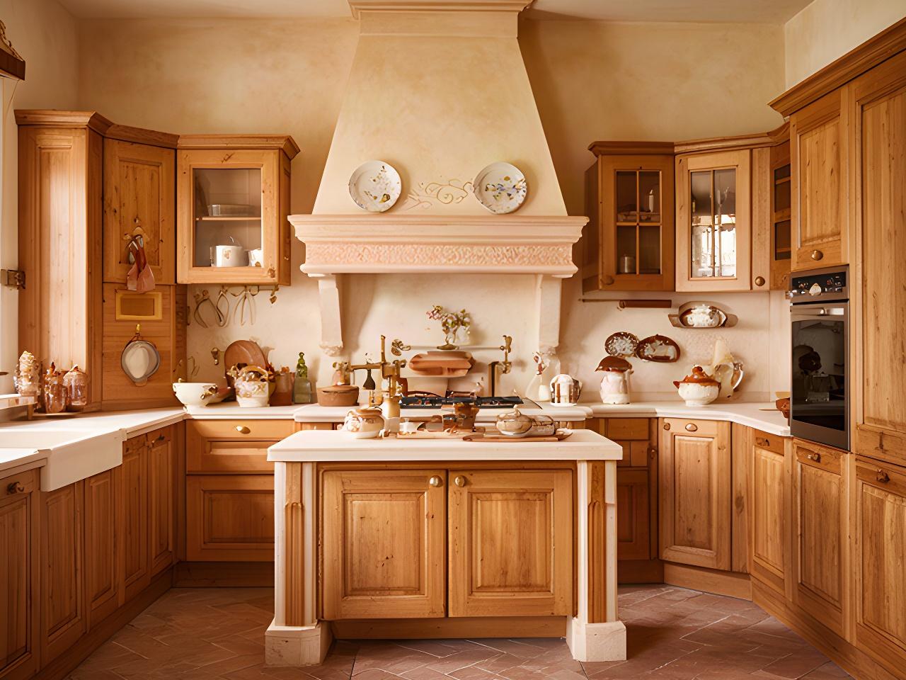 Cucina classica in rovere massello con ante a telaio, cappa decorativa in muratura e dettagli tradizionali