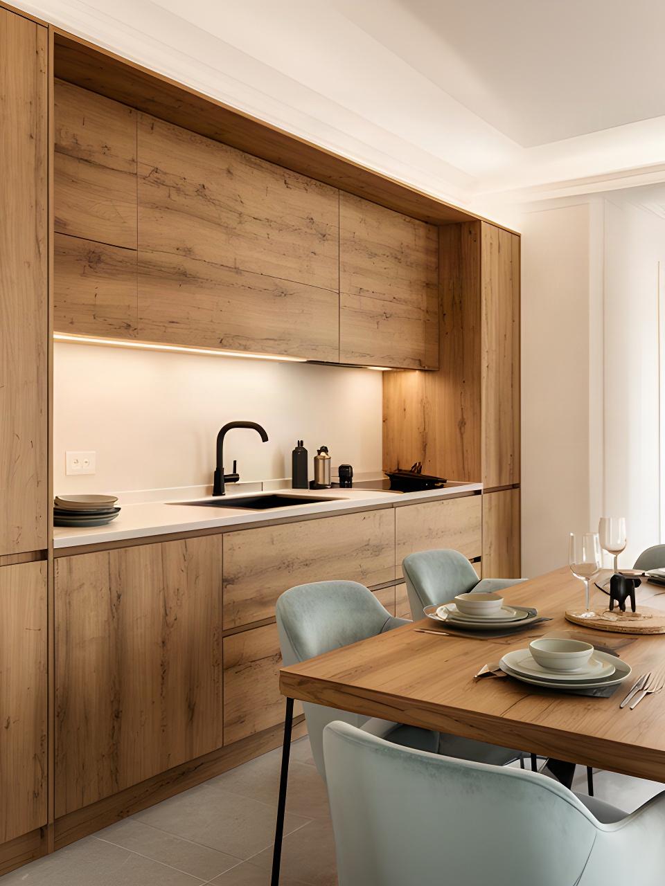 Cucina contemporanea installata in un appartamento italiano con tavolo da pranzo e dettagli in rovere
