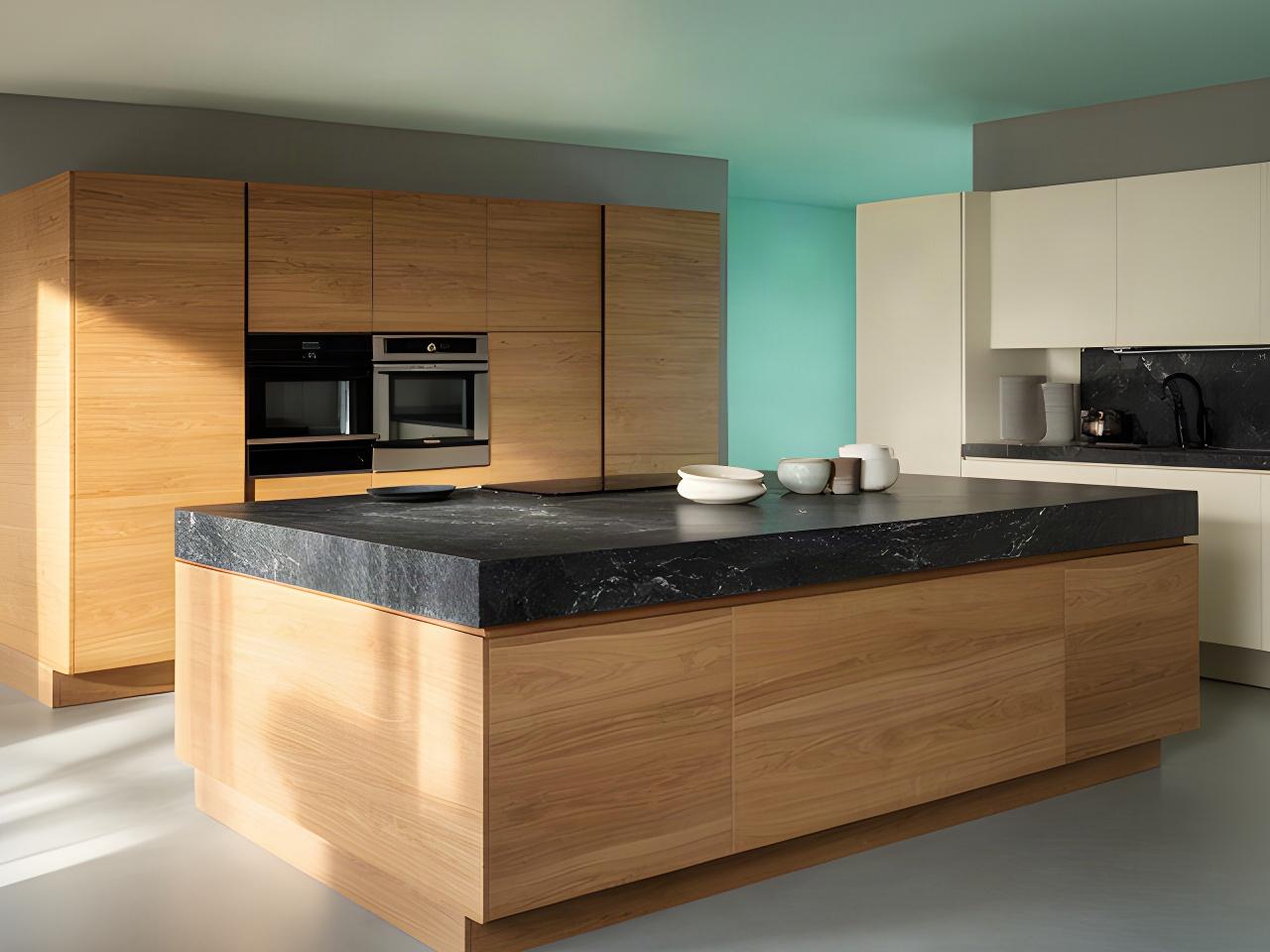 Dettaglio di una cucina contemporanea con isola centrale, legno naturale e piano scuro