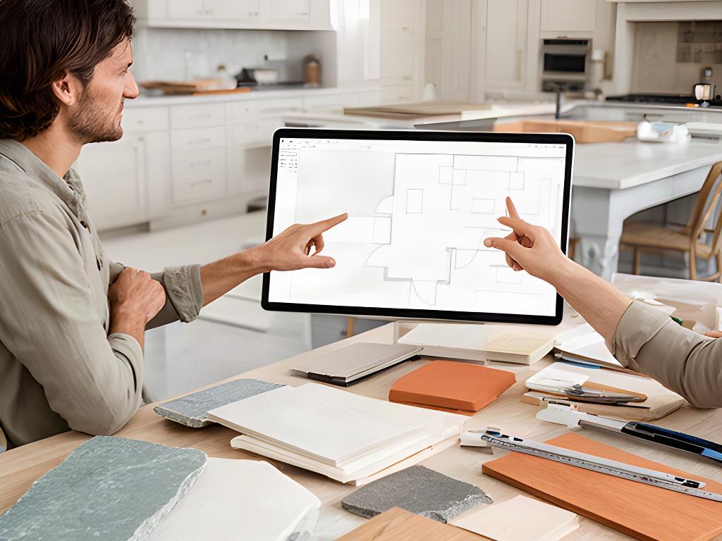 Progettista che consulta una planimetria digitale accanto a campioni di materiali per una cucina su misura