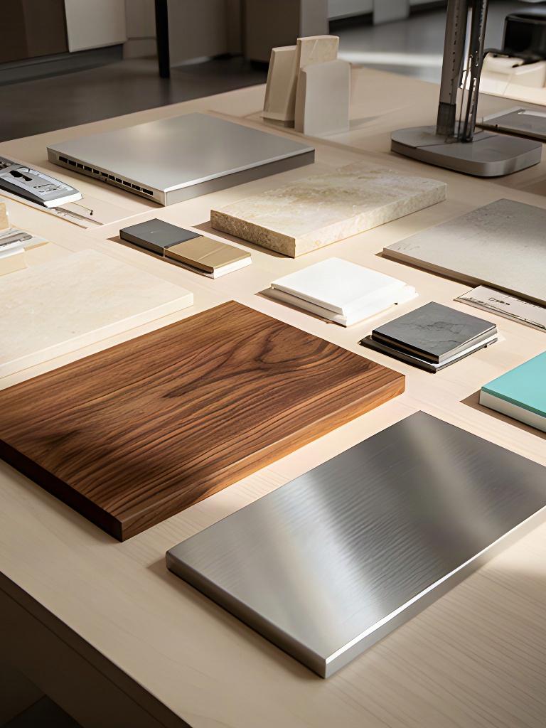 Campioni di legno, pietra e metallo ordinati su un tavolo nello showroom di una cucina italiana